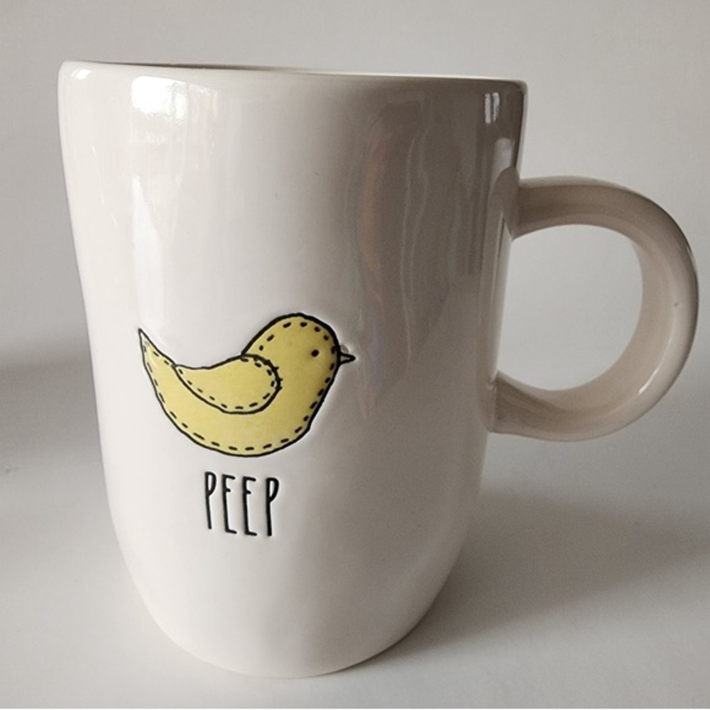 Rae Dunn PEEP White and Yellow Chick Stitching Mug Coffee Cup Artisan Collection
